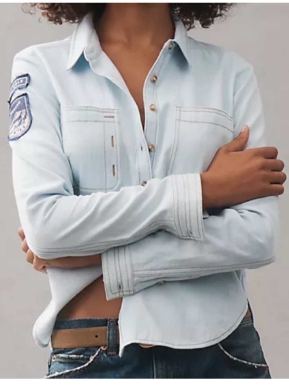 Pilcro Small Top Anthropologie Buttondown Patch Shirt Light Denim 💯% cotton NWT